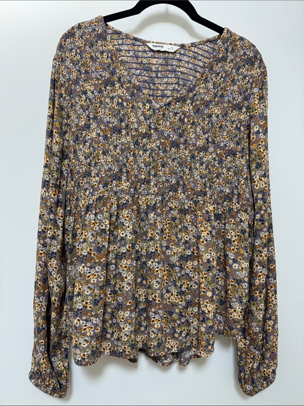Sonoma Purple and Yellow Floral Relaxed Smocked Blouse